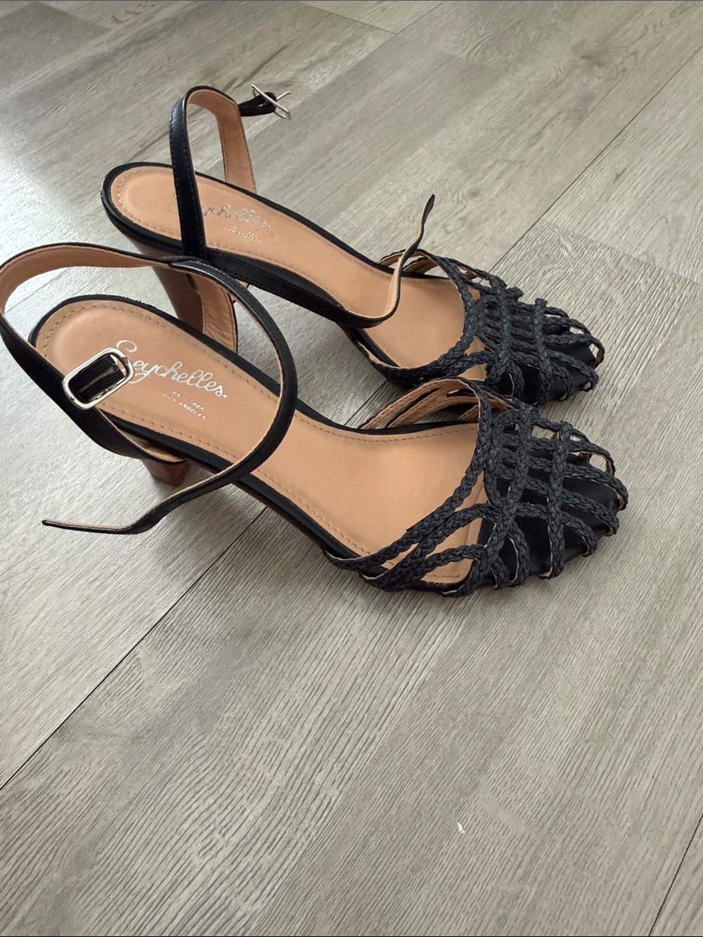 Seychelles Black Braided Slingback Heels with Ankle Strap